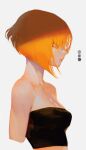  1girl bob_cut breasts cleavage closed_mouth cropped_legs inverted_bob orange_hair original pigeon666 profile simple_background solo strapless tube_top upper_body white_background 