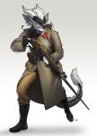  absurd_res anthro barbel_(anatomy) bayonet black_body black_fur boots bottomwear clothing dragon eyebrows eyelashes fingerless_gloves flesh_whiskers footwear fur furred_dragon gloves grey_body grey_fur gun handwear hi_res horn inner_ear_fluff knife male mosin_nagant pants pgm300 ranged_weapon rifle solo tuft weapon white_body white_fur 