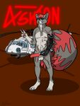  aircraft anthro ashton_thatcher ashtronaut big_tail claws dog_tags dyed-hair dyed_fur erection fluffy fluffy_tail fur genitals gesture grey_body grey_fur helicopter hi_res male mammal missing_arm neck_tuft neon_lights non-sexual_nudity penis procyonid prosthetic prosthetic_arm prosthetic_limb raccoon scar soldier solo tired_eyes tuft uh-60 uh-60_blackhawk v_sign warrior 
