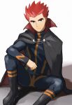  1boy arm_support black_eyes black_footwear boots cape closed_mouth frown grey_jacket grey_pants highres imasara_maki jacket lance_(pokemon) long_sleeves looking_at_viewer male_focus pants pokemon pokemon_(game) pokemon_hgss popped_collar red_hair short_hair sitting solo spiked_hair split_mouth 