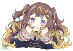  1girl anya_melfissa blonde_hair brown_hair buru-dai commentary_request curly_hair frilled_sleeves frills gradient_hair grin hair_ornament head_rest hololive hololive_indonesia lightning_bolt_hair_ornament lightning_bolt_symbol multicolored_hair short_eyebrows signature smile solo two_side_up upper_body v-shaped_eyebrows virtual_youtuber 