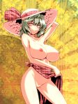  arm_up bottomless bow breasts choker curvy green_hair hair_bow hat huge_breasts kazami_yuuka nipples plaid plaid_sarong pussy red_sarong sarong sarong_lift short_hair side-tie_skirt skirt skirt_lift smile solo sun_hat symbol-shaped_pupils topless touhou tro unmoving_pattern yellow_eyes 