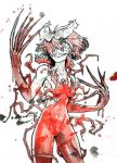  1girl artist_name blood breasts carnage carnage_(marvel) female genderswap genderswap_(mtf) hair_between_eyes hair_ribbon highres humanization marvel monster_girl muscle personification pose red red_hair red_skin ribbon sharp_teeth short_hair simple_background smile smile_face somersaultdropkick spider-man_(series) symbiote symbol teeth tongue tongue_out watermark white_background yandere 