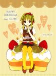  1girl :o anzu_(o6v6o) back_bow bangs birthday black_vest bow candle character_name collared_shirt commentary_request cupcake dated dessert eating english_text food food_on_face fruit goggles goggles_removed green_eyes green_neckwear green_skirt gumi hair_bow hairband happy_birthday headphones heart holding holding_plate looking_at_viewer mont_blanc_(food) musical_note neck_ribbon pantyhose plate polka_dot polka_dot_bow red_bow ribbon shirt shoes short_hair_with_long_locks sitting sitting_on_food skirt solo strawberry striped striped_background tan_background vertical-striped_background vertical-striped_neckwear vertical_stripes vest vocaloid white_shirt yellow_legwear yellow_ribbon 