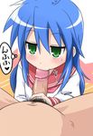  1girl :&gt;= :3 anal_fingering blue_hair fellatio fingering green_eyes izumi_konata lucky_star oral penis prostate_milking uncensored uniform youkan 