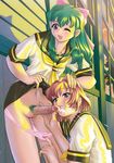  2girls behind_moon cum fellatio futa_on_female futanari green_hair miyafuji_miina onegai_twins onodera_karen panties 