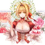  1girl ahoge blonde_hair braid breasts byuura_(sonofelice) cake cleavage cleavage_cutout corset dated dress epaulettes fate/grand_order fate_(series) flower food fork french_braid green_eyes hair_ribbon holding holding_plate large_breasts latin_text licking_lips nero_claudius_(fate) nero_claudius_(fate)_(all) pink_flower pink_rose plate red_dress red_ribbon ribbon rose solo tongue tongue_out upper_body wide_sleeves 