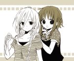  2girls :o anzu_(o6v6o) bangs braid collarbone collared_shirt earrings expressionless gumi hair_between_eyes hands_on_another&#039;s_shoulders holding holding_hair ia_(vocaloid) jewelry long_hair looking_at_viewer monochrome multiple_girls polka_dot polka_dot_shirt sepia shirt short_hair_with_long_locks short_sleeves side_braid striped striped_shirt twin_braids upper_body vocaloid 
