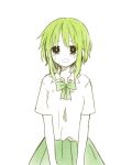 1girl anzu_(o6v6o) bangs bow bowtie collared_shirt commentary_request crying green green_hair green_neckwear green_skirt gumi looking_at_viewer open_mouth pleated_skirt shirt short_hair_with_long_locks short_sleeves simple_background skirt solo spot_color tears vocaloid white_background 