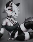  anthro big_breasts black_body black_fur breasts canid canid_demon canine canis claws cute_fangs demon female fur grey_body grey_fur hair hellhound helluva_boss hi_res impracticalart looking_at_viewer loona_(helluva_boss) mammal piercing red_eyes seductive solo spikes white_body white_fur white_hair wolf 