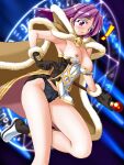  ! 1girl accidental_exposure black_boots black_panties blue_background blush boots breasts brown_cape brown_dress brown_gloves cape commentary_request dress foot_out_of_frame fur-trimmed_cape fur-trimmed_gloves fur_trim gloves high_wizard_(ragnarok_online) holding holding_staff lace-trimmed_panties lace_trim layered_dress long_hair looking_down magic_circle medium_breasts multicolored_boots nipples open_mouth panties purple_eyes purple_hair ragnarok_online short_dress solo staff strapless strapless_dress tatsumi_ray two-tone_boots two-tone_dress underwear white_boots white_dress 