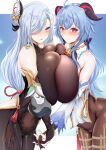  2girls :d ahoge armpit_crease ass_visible_through_thighs asymmetrical_docking bangs bare_shoulders bell black_bodysuit black_gloves black_legwear blue_background blue_eyes blue_hair blush bodystocking bodysuit braid braided_ponytail breast_curtain breast_press breasts brown_legwear chinese_knot chomikuplus closed_mouth clothing_cutout collarbone covered_navel covered_nipples cowbell crop_top crop_top_overhang curled_horns detached_sleeves elbow_gloves embarrassed english_commentary falling_leaves fingernails ganyu_(genshin_impact) genshin_impact ginkgo_leaf gloves goat_horns gold_trim hair_ornament hair_over_one_eye highres hip_vent holding_hands horns huge_breasts leaf leotard leotard_under_clothes letterboxed long_hair long_sleeves looking_at_viewer multiple_girls navel neck_bell nose_blush open_mouth pantyhose partially_fingerless_gloves puffy_long_sleeves puffy_sleeves purple_eyes shenhe_(genshin_impact) shoulder_cutout side_cutout sidelocks silver_hair simple_background skin_tight smile standing symmetrical_docking tabard tassel teeth thighlet upper_teeth very_long_hair vision_(genshin_impact) waist_cape white_sleeves 