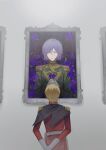  1boy 21scorpii arms_behind_back belt blonde_hair char_aznable closed_eyes colored_eyelashes epaulettes flower from_behind garma_zabi gloves green_jacket gundam high_collar highres holding holding_flower ib_(kouri) jacket long_sleeves male_focus military_uniform mobile_suit_gundam painting_(object) purple_flower purple_hair purple_rose red_jacket rose short_hair thorns u_u vines_around_neck white_belt white_gloves 