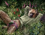  2022 absurd_res anthro briefs bulge clothed clothing detailed_background digital_media_(artwork) flower hands_behind_head hi_res hyaenid lineless looking_at_viewer lying male male_anthro mammal momamo on_back outside plant raised_clothing raised_shirt raised_topwear shaded shirt soft_shading solo spotted_hyena spread_legs spreading topwear underwear 