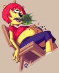 2021 anthro belly big_belly breasts burp_cloud burping clothed clothing female fully_clothed hand_on_belly lammy_lamb onomatopoeia overweight overweight_female parappa_the_rapper red_clothing red_shirt red_topwear shirt sitting sixsidesofmyhead solo sony_corporation sony_interactive_entertainment sound_effects text topwear um_jammer_lammy yellow_body yellow_skin