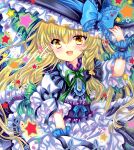  1girl :d apron black_bow black_hat black_skirt blonde_hair blue_bow blue_ribbon blush bow braid embellished_costume frilled_bow frills hat hat_bow hat_ribbon kirisame_marisa long_hair looking_at_viewer marker_(medium) open_mouth pointing pointing_at_self puffy_short_sleeves puffy_sleeves ribbon rui_(sugar3) shirt short_sleeves side_braid single_braid skirt smile solo star_(symbol) touhou traditional_media upper_body very_long_hair white_apron white_shirt witch_hat wrist_cuffs yellow_eyes 