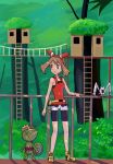  1girl bare_shoulders bike_shorts bike_shorts_under_shorts black_shorts bow bow_hairband brown_hair fanny_pack fortree_city full_body grey_eyes hair_bow hairband highres kecleon ladder may_(pokemon) open_mouth pokemon pokemon_(creature) pokemon_oras red_bow red_hairband red_shirt rowdon shirt short_hair shorts sleeveless sleeveless_shirt tree white_shorts wingull 