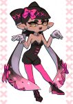  1girl :d ankle_boots bare_shoulders black_hair black_jumpsuit boots bow bow-shaped_hair breasts button_nose callie_(splatoon) callie_(squid_sisters_outfit)_(splatoon) chromatic_aberration cleavage collar collarbone commentary_request contrapposto coula_cat cross-shaped_pupils detached_collar earrings fangs gloves gradient_hair grin hair_bow hair_ornament highres inkling jewelry jumpsuit leaning_forward long_hair looking_at_viewer mole mole_under_eye multicolored_hair multiple_hair_bows pantyhose paw_pose pink_bow pink_hair pink_pantyhose pointy_ears short_jumpsuit small_breasts smile solo splatoon_(series) strapless_jumpsuit swept_bangs symbol-shaped_pupils tentacle_hair thick_eyebrows three_quarter_view two-tone_hair very_long_hair white_background white_collar white_gloves x_hair_ornament yellow_eyes 