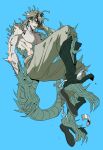 1boy animal_feet antennae black_boots blue_eyes boots brown_hair brown_pants cracked_skin diego_brando dinosaur_boy dinosaur_tail full_body highres jeonjin_(mynamebazin) jojo_no_kimyou_na_bouken male_focus pants scary_monsters_(stand) skinny solo spikes spurs steel_ball_run tail topless_male torn_boots torn_clothes 