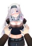  1girl absurdres animal_ears arknights aurora_(arknights) bangs bear_ears belt black_gloves black_shirt black_shorts blue_eyes blush breasts cleavage commentary cowboy_shot crop_top eyebrows_visible_through_hair eyes_visible_through_hair gloves grey_hairband hair_over_one_eye hairband hands_up head_tilt highres kon_hitsuji large_breasts long_hair long_sleeves looking_at_viewer midriff navel nose_blush parted_lips pov shirt shorts shrug_(clothing) silver_hair simple_background solo_focus standing stomach very_long_hair white_background 