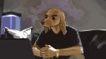16:9 5_fingers alternate_species anthro biped black_eyebrows bottomwear brown_body brown_eyes brown_fur canid canine canis christopher_moltisanti cigarette cigarette_in_mouth clawheld clock clothing cushion digital_media_(artwork) digital_painting_(artwork) domestic_dog eyebrows fingers floppy_ears fur furniture furrification gold_watch hands_together hi_res male mammal object_in_mouth on_sofa painting_(artwork) pants shirt sitting sofa solo t-shirt the_sopranos topwear watch widescreen wristwatch