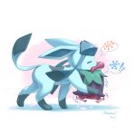 absurdres cherrim cherrim_(overcast) closed_eyes commentary_request from_side glaceon highres hoishere7 mouth_hold no_humans pokemon pokemon_(creature) pokemon_focus speech_bubble standing trembling twitter_username 