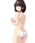  1girl absurdres ass back bangs blush breasts brown_hair closed_mouth cowboy_shot eyebrows_visible_through_hair hand_on_own_chest highres marui_koishi medium_breasts nipples orange_eyes original panties scowl short_hair shoulder_blades solo topless underwear v-shaped_eyebrows white_panties 