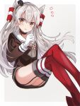  1girl absurdres amatsukaze_(kancolle) black_choker brown_dress choker dress fathom garter_straps gloves grey_background hair_tubes highres kantai_collection long_hair looking_at_viewer red_legwear sailor_dress shiny shiny_hair silver_hair simple_background solo thighhighs thighs translation_request two_side_up white_gloves windsock yellow_eyes 