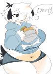  2021 :3 anthro belly big_belly big_breasts biped black_claws black_ears blue_bottomwear blue_clothing blue_hoodie blue_topwear bone bottomwear breasts burger canid canine canis chubby_anthro chubby_female claws clothed clothing curvy_figure digital_media_(artwork) domestic_dog eating eating_food english_text female floppy_ears food fur hair hair_over_eye hi_res holding_burger holding_food holding_object hoodie huge_breasts kemono looking_at_food looking_at_object looking_pleasured mammal narrowed_eyes navel one_eye_obstructed pink_belly portrait puppychan puppychan48 shaded short_hair simple_background simple_shading solo sparkles speech_bubble standing star_pupils tail_motion tailwag text thick_thighs three-quarter_portrait tomboy topwear tuft voluptuous white_background white_body white_fur white_hair 