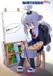  1girl apron backpack bag black_jacket black_pantyhose blue_apron canvas_(object) computer_mouse controller copyright_name easel game_console game_controller glasses green_eyes grey_skirt hair_between_eyes highres holding holding_controller holding_game_controller jacket jimiko jitome joystick looking_at_viewer necktie nintendo nintendo_64 nintendo_64-tan nintendo_64_controller nintendo_64dd painting_(object) pantyhose personification ponytail rascal_(feuille) red_necktie shadow shirt shoes short_ponytail sitting skirt solo speech_bubble stool white_shirt white_shoes wooden_floor 