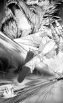  1girl absurdres ass boots energy_beam from_behind greyscale highres jumping kirin_(armor) monochrome monster monster_hunter_(series) niwarhythm panties underwear 