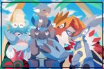  1258265894 animal_focus armaldo blue_sky carracosta closed_eyes closed_mouth cloud cranidos day dracovish no_humans omanyte on_head open_mouth outdoors palm_tree pokemon pokemon_(creature) pokemon_focus pokemon_on_head sitting sky smile tree tyrantrum 
