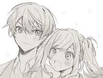  1boy 1girl :d blush brother_and_sister closed_mouth collared_shirt commentary_request greyscale hair_between_eyes long_hair looking_ahead looking_at_viewer monochrome open_mouth portrait project_sekai shirt short_hair siblings simple_background smile sseri_0 tenma_saki tenma_tsukasa twintails white_background 