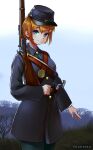  1girl absurdres american_civil_war antique_firearm bayonet belt_buckle blonde_hair blue_eyes blue_hat blue_jacket blue_pants buckle caplock commentary firelock gold_buttons gun hat highres holding holding_gun holding_weapon jacket kepi looking_at_viewer military military_hat military_uniform musket original pants short_hair solo weapon youotaku 