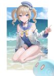  1girl arm_up arms_behind_back ass_visible_through_thighs bangs barbara_(genshin_impact) barbara_(summertime_sparkle)_(genshin_impact) beach blob blonde_hair blue_eyes blue_sky blue_swimsuit blush choker collarbone commentary commentary_request day detached_sleeves drill_hair english_commentary eyebrows_visible_through_hair genshin_impact hair_between_eyes hair_ornament hat highres long_hair long_sleeves looking_at_viewer musical_note ocean official_alternate_costume okazaki_sato one-piece_swimsuit outdoors sailor_collar sidelocks sitting sky slime_(genshin_impact) solo swimsuit twin_drills twintails water waves yokozuwari 