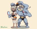  1girl bea_(pokemon) belt black_bodysuit black_hairband bodysuit brown_eyes closed_mouth commentary_request covered_navel dark-skinned_female dark_skin extra_arms eyelashes grey_eyes grey_hair hair_brush hairband holding holding_brush holding_hairband holding_mirror knee_pads machamp medium_hair mirror muscular musical_note one_eye_closed open_mouth pokemon pokemon_(creature) pokemon_swsh shirt shorts simple_background toned toned_female twitter_username unworn_hairband whip_lettuce white_shirt white_shorts 