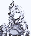  1girl absurdres armor braid breastplate breasts flower genshin_impact grey_background greyscale hair_over_one_eye highres looking_at_viewer medium_breasts merpperoni monochrome one_eye_covered parted_lips portrait shenhe_(genshin_impact) sketch solo 