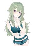  1girl arm_behind_back babydoll bare_arms bare_shoulders blush bow bow_bra bra breasts cleavage collarbone commentary cowboy_shot eyelashes finger_to_mouth frills green_bra green_hair green_panties groin hair_between_eyes hair_flaps hand_up highres index_finger_raised kusanagi_nene lace-trimmed_bra lace-trimmed_panties lace_trim lingerie long_hair looking_at_viewer low-tied_sidelocks panties parted_lips project_sekai purple_eyes rea_0523 see-through_babydoll see-through_clothes sidelocks simple_background small_breasts solo symbol-only_commentary thighs underwear underwear_only white_background 