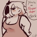  2022 anthro black_ears black_nose blush breasts canid canine canis cj_lynn cleavage clothed clothing condescending dialogue digital_media_(artwork) domestic_dog dress english_text female floppy_ears fur hair hair_over_eye half-length_portrait hand_on_hip hi_res insult mammal multicolored_hair narrowed_eyes one_eye_obstructed pink_clothing pink_dress portrait puppychan short_hair signature simple_background solo speech_bubble tan_background tan_body teeth text tsundere two_tone_hair 