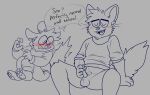 absurd_res anthro anthry_(sparklecare) blushing_profusely bodily_fluids bottomless canid canine chimeracocks clothed clothing cousins_(lore) dialogue domestic_cat duo felid feline felis female fennec_fox flying_sweatdrops fox genitals hi_res hybrid levi_tu_fate line_art male male/female mammal masturbation monochrome nonbinary_(lore) penis polydactyly public public_exposure public_masturbation size_difference sketch slite_li_ill small_penis startled sweat sweatdrop trans_(lore) trans_woman_(lore) true_fox