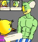  2022 animal_crossing anthro avian beak bird clothed clothing comic decnot dialogue digital_drawing_(artwork) digital_media_(artwork) duo english_text feathered_wings feathers female flexing fur hair hi_res humanoid koala lyman_(animal_crossing) male mammal marsupial muscular muscular_male nintendo nude open_mouth shaded shocked simple_background smile text topwear twiggy_(animal_crossing) video_games vombatiform wings 