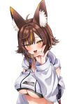  1girl ahoge animal_ear_fluff animal_ears black_sports_bra breasts brown_hair cleavage_cutout clothing_cutout cropped_sweater detached_sleeves drawstring fangs fox_ears fox_girl hair_intakes hair_ornament hairclip highres hood hooded_sweater indie_virtual_youtuber jewelry large_breasts long_sleeves looking_at_viewer medium_hair memidesuyo multicolored_hair necklace open_mouth puffy_sleeves shinonome_meto solo sports_bra streaked_hair sweater tongue tongue_out underboob underboob_cutout upper_body virtual_youtuber 