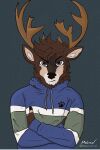  angry anthro antlers cervid cervine clothing crossed_arms elk facing_forward fluffy fluffy_ears hako_frost hi_res horn male mammal mcgrew_art neck_tuft solo sweater topwear tuft 