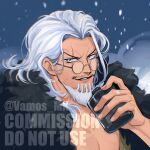  1boy beard commission facial_hair flask glasses grey_hair highres holding holding_flask long_hair looking_at_viewer male_focus mustache old old_man one_piece outdoors parted_lips round_eyewear scar scar_across_eye scar_on_face silvers_rayleigh snowing solo vamos_mk 