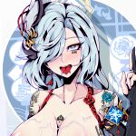  1girl absurdres ahegao bare_shoulders blue_eyes blue_hair blue_lips braid breasts cum cum_on_body cum_on_breasts defaultz eyebrows_visible_through_hair fingerless_gloves genshin_impact gloves hair_over_one_eye heart heart-shaped_pupils highres jewelry long_hair nude ring saliva shenhe_(genshin_impact) symbol-shaped_pupils tattoo 