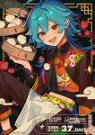  1boy :d ahoge amenochi_hare apron arm_support bamboo_steamer black_background black_shirt blue_hair blush border bow branch brown_jacket brown_pants chain chinese_clothes copyright_name copyright_notice countdown dated double-parted_bangs ensemble_stars! fangs feet_out_of_frame floating floating_object flower flower_request food food_print from_side groin hair_between_eyes hand_up head_tilt hojo_raika holding holding_bamboo_steamer inset_border jacket knee_up long_hair long_sleeves looking_at_viewer looking_to_the_side male_focus mandarin_collar midriff multicolored_jacket navel official_alternate_costume official_art open_mouth ornate_border outside_border pankou pants print_jacket raised_eyebrows red_eyes red_flower shirt sitting smile solo steamed_bun tassel teeth three-quarter_sleeves turning_head upper_teeth_only very_long_hair waist_apron white_apron xiangyun yellow_border yellow_bow 
