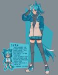  1girl animal_ears black_thighhighs blue_background blue_hair blue_shoes blue_tail blue_track_suit blush closed_mouth english_text grey_background hand_on_own_head highres horse_ears horse_girl horse_race_tests long_sleeves looking_to_the_side multicolored_shoes multicolored_track_suit multiple_views ponytail quiet_skye reference_sheet shoes short_hair short_sleeves solo standing thighhighs track_suit unzipped white_shoes white_track_suit zipper 