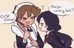  >_< 1boy 1girl :3 alternate_costume black_eyes black_hair blush bright_pupils brown_background brown_hair butler dark-skinned_male dark_skin english_text enmaided female_butler flying_sweatdrops hero_(faraway)_(omori) hero_(omori) highres long_hair long_sleeves looking_at_another maid mari_(faraway)_(omori) mari_(omori) mewowem_omo omori open_mouth short_hair simple_background smile smug speech_bubble sweatdrop white_pupils 