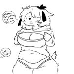  2021 :3 anthro big_breasts biped black_and_white black_ears blush breasts canid canine canis chubby_anthro chubby_female clothed clothing compliment dialogue digital_media_(artwork) domestic_dog english_text faceless_character floppy_ears fur hair hair_over_eye half-closed_eyes hi_res hoodie mammal mc175 monochrome narrowed_eyes navel one_eye_obstructed portrait presenting presenting_belly presenting_breasts puppychan raised_clothing raised_hoodie raised_topwear scut_tail short_hair short_tail simple_background slightly_chubby smile solo standing text thick_thighs three-quarter_portrait tomboy topwear tsundere underwear white_background white_body 