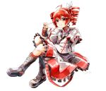  absurdres ahoge belt black_boots black_skirt black_sleeve_cuffs blush boots bow buttons double-breasted grey_jacket grey_skirt hair_between_eyes hair_bow hair_ribbon hand_up highres jacket kasane_teto kasane_teto_(sv) kneehighs lace-up_boots layered_skirt layered_sleeves long_sleeves mp777b musical_staff musical_staff_print red_belt red_eyes red_hair red_skirt red_socks red_trim ribbon shoulder_belt shoulder_boards simple_background sitting skirt socks striped_clothes striped_jacket striped_skirt synthesizer_v utau v white_background white_bow white_ribbon 